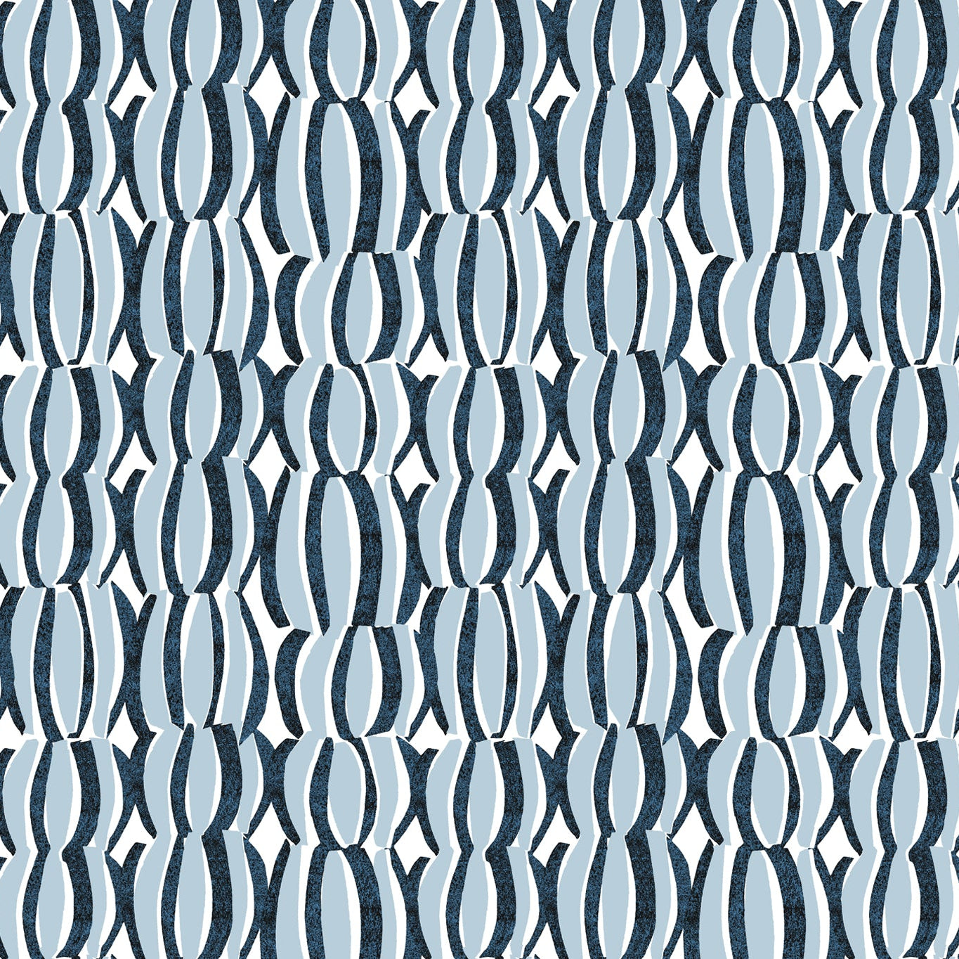 Detail of fabric in an abstract curvilinear print in blue and navy on a white field.