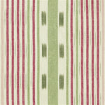 Detail of fabric in a global stripe print in pink, green and maroon on a white field.