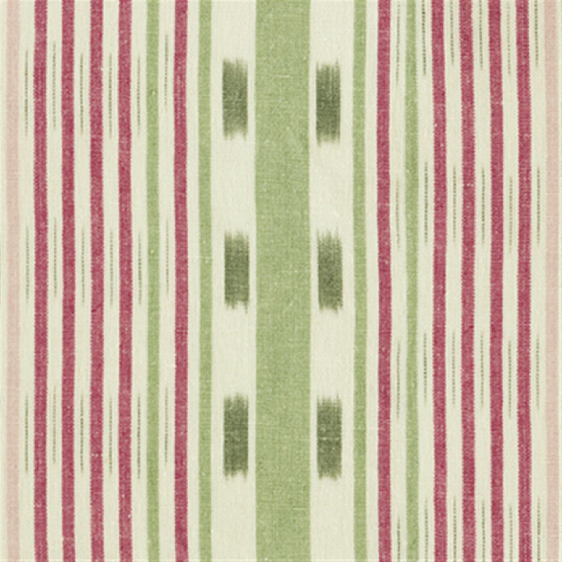 Detail of fabric in a global stripe print in pink, green and maroon on a white field.