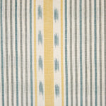 Detail of fabric in a global stripe print in blue, gray and yellow on a white field.