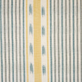 Detail of fabric in a global stripe print in blue, gray and yellow on a white field.