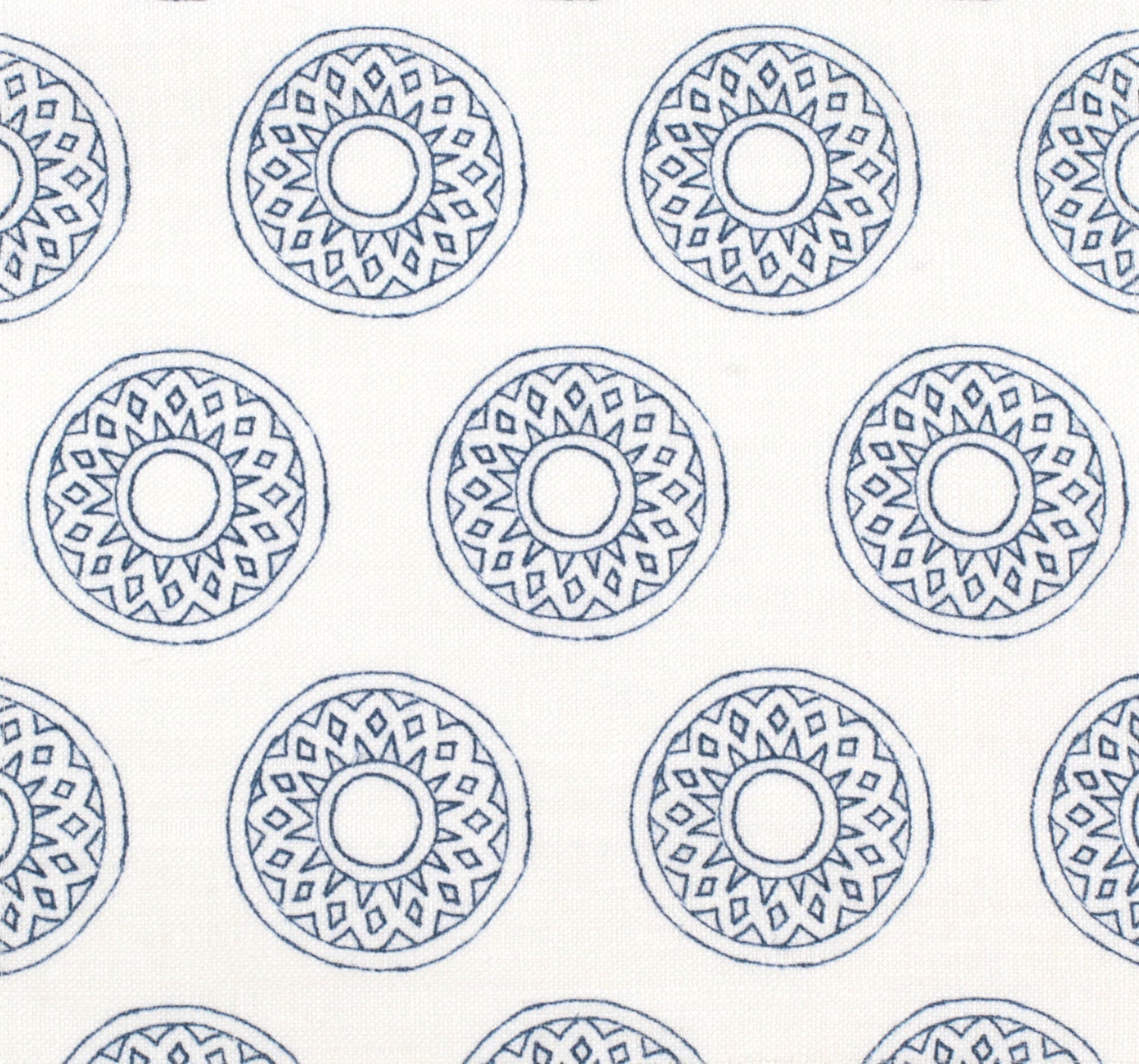 Detail of fabric in a repeating circular geometric print in navy on a white field.