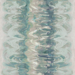 Detail of fabric in an abstract paint blot pattern in shades of green, blue and cream.