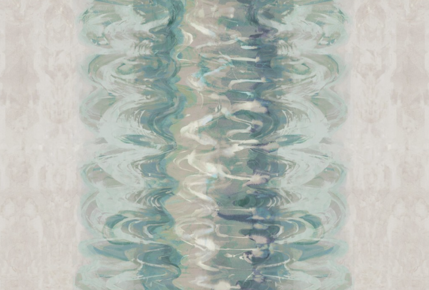 Detail of fabric in an abstract paint blot pattern in shades of green, blue and cream.