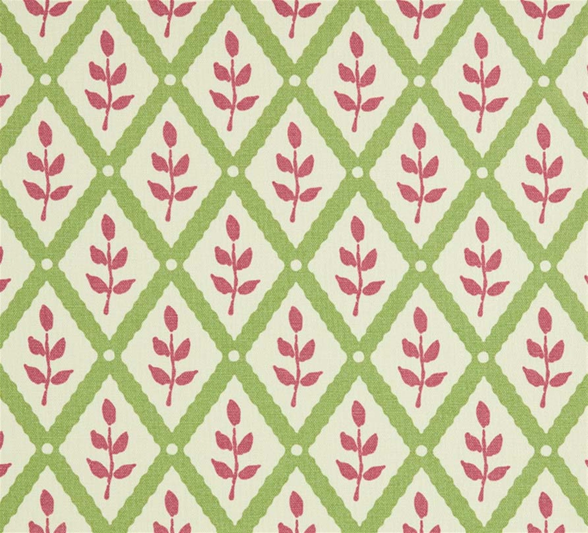 Detail of fabric in a lattice and leaf print in maroon and green on a white field.