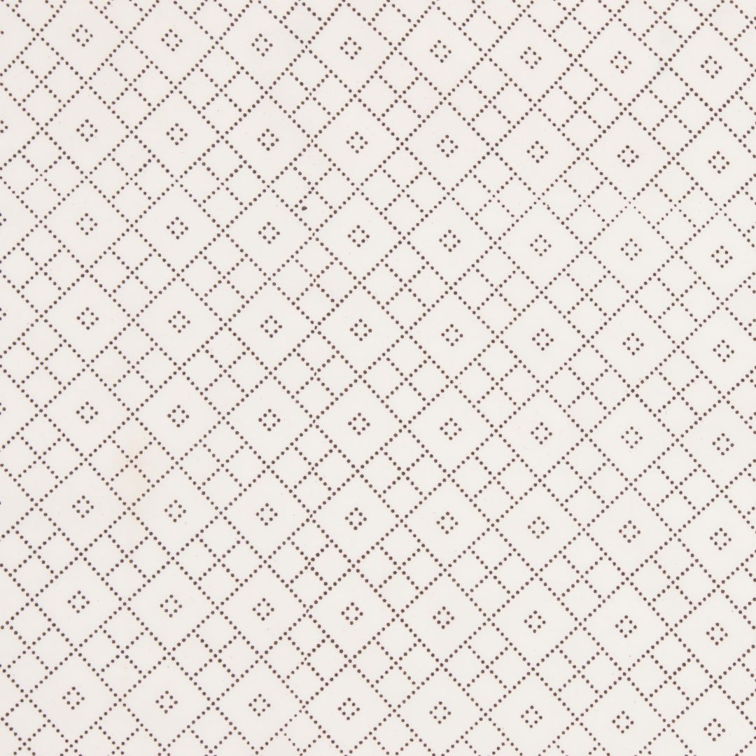 Detail of fabric in a diamond lattice print in brown on a cream field.