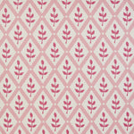 Detail of fabric in a lattice and leaf print in shades of pink on a white field.