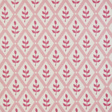 Detail of fabric in a lattice and leaf print in shades of pink on a white field.