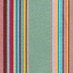 Detail of outdoor fabric in an irregular rainbow stripe print.