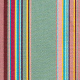 Detail of outdoor fabric in an irregular rainbow stripe print.