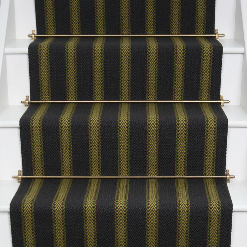 Striped flatweave runner in yellow and black on white staircase