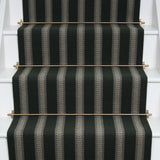 Striped flatweave runner in dark green and white on white staircase