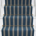 Striped flatweave runner in blue and white on white staircase