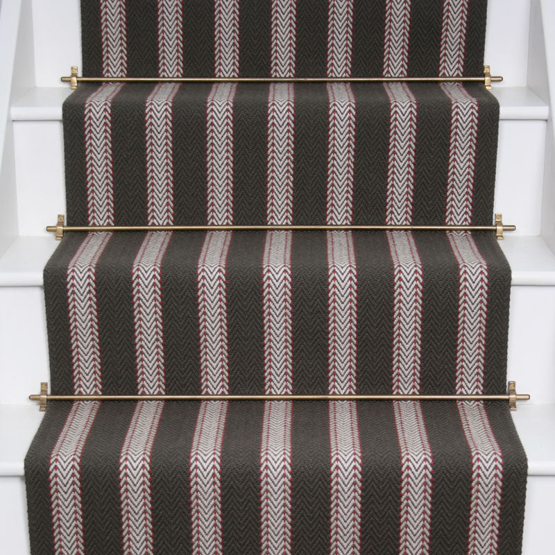 Striped flatweave runner in brown white red on white staircase