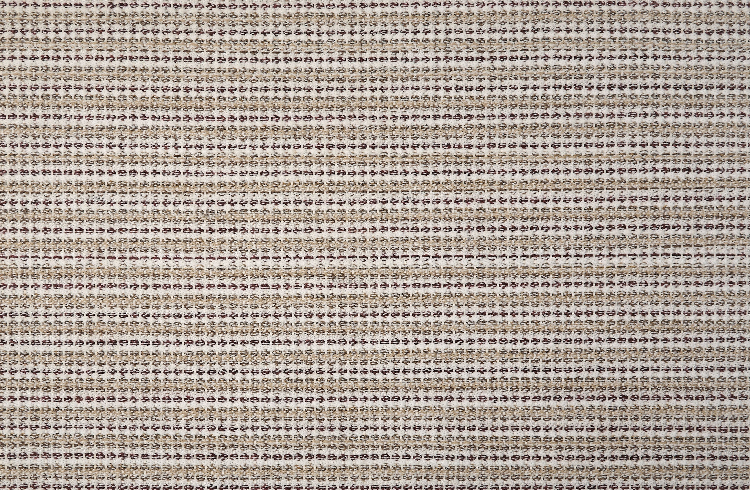Broadloom carpet with textured stripe in shades of taupe, maroon and white. 