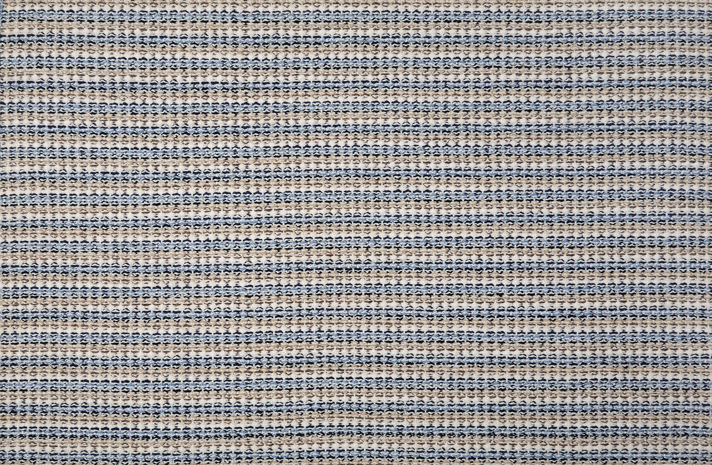 Broadloom carpet with textured stripe in shades of blue, tan and cream.