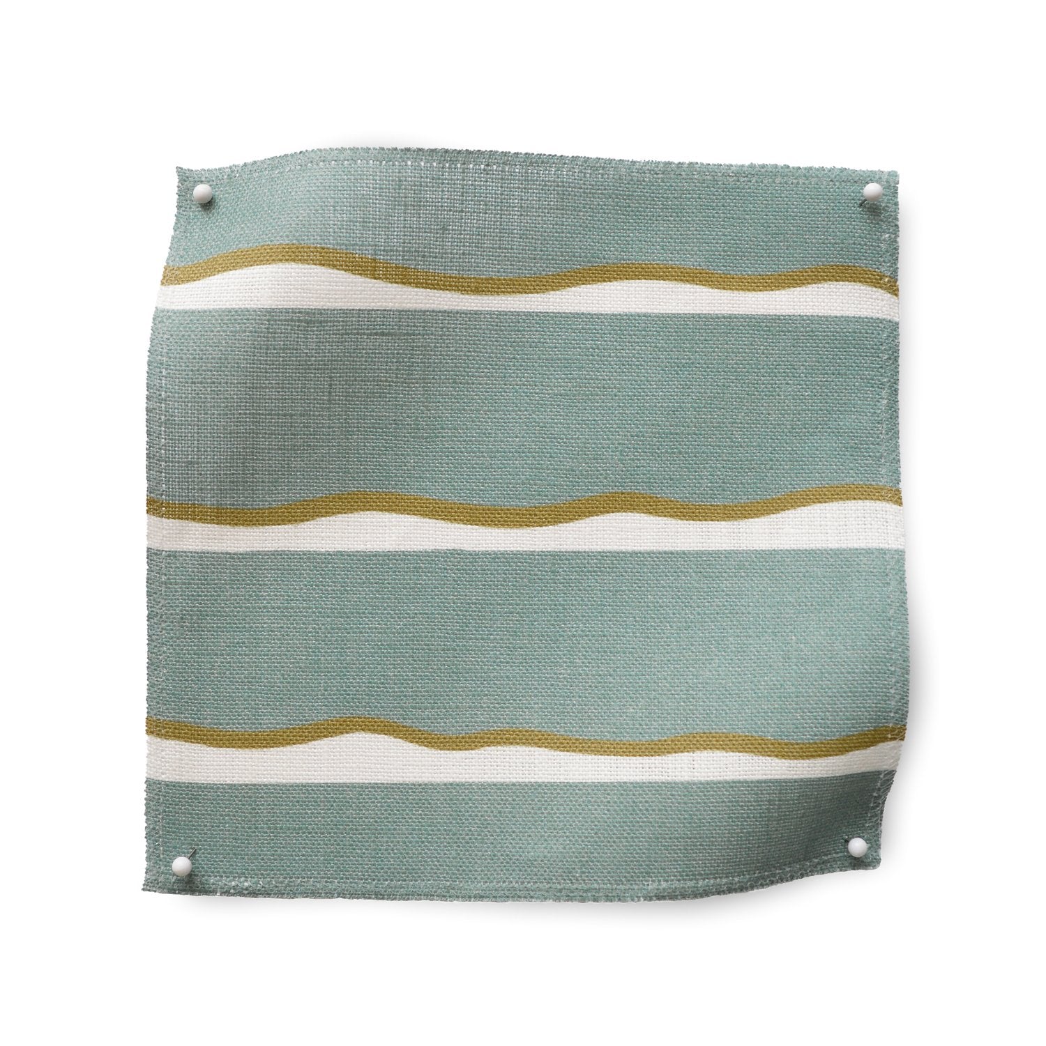 Square fabric swatch in a wide undulating stripe pattern in mustard and white on a light blue field.
