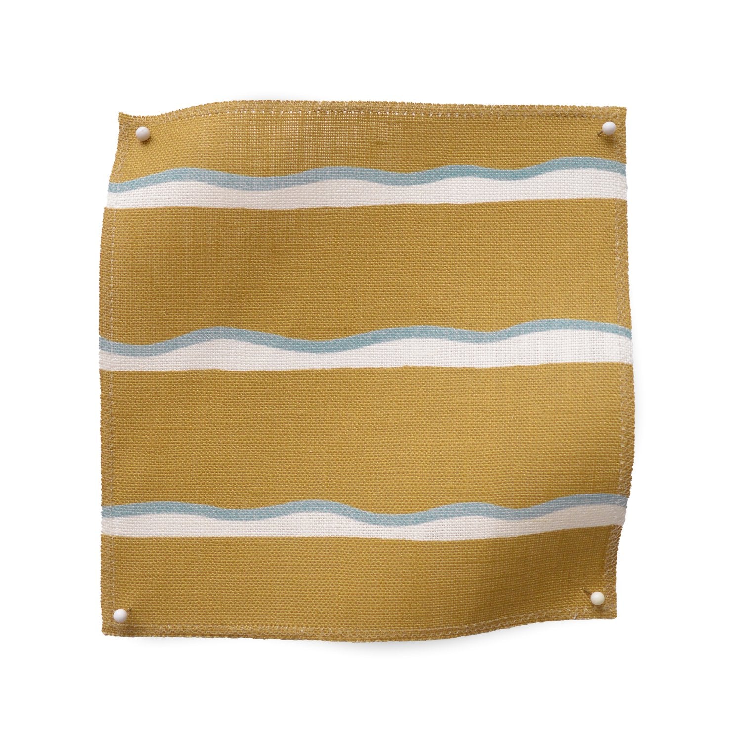 Square fabric swatch in a wide undulating stripe pattern in light blue and white on a gold field.