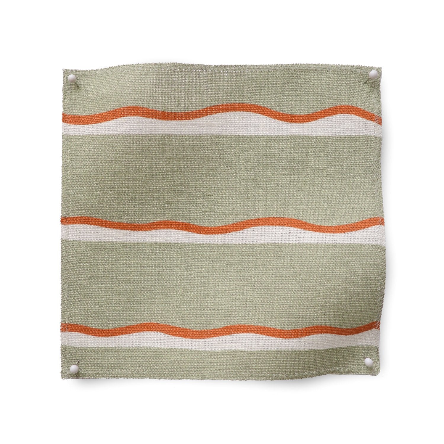 Square fabric swatch in a wide undulating stripe pattern in coral and white on a light green field.