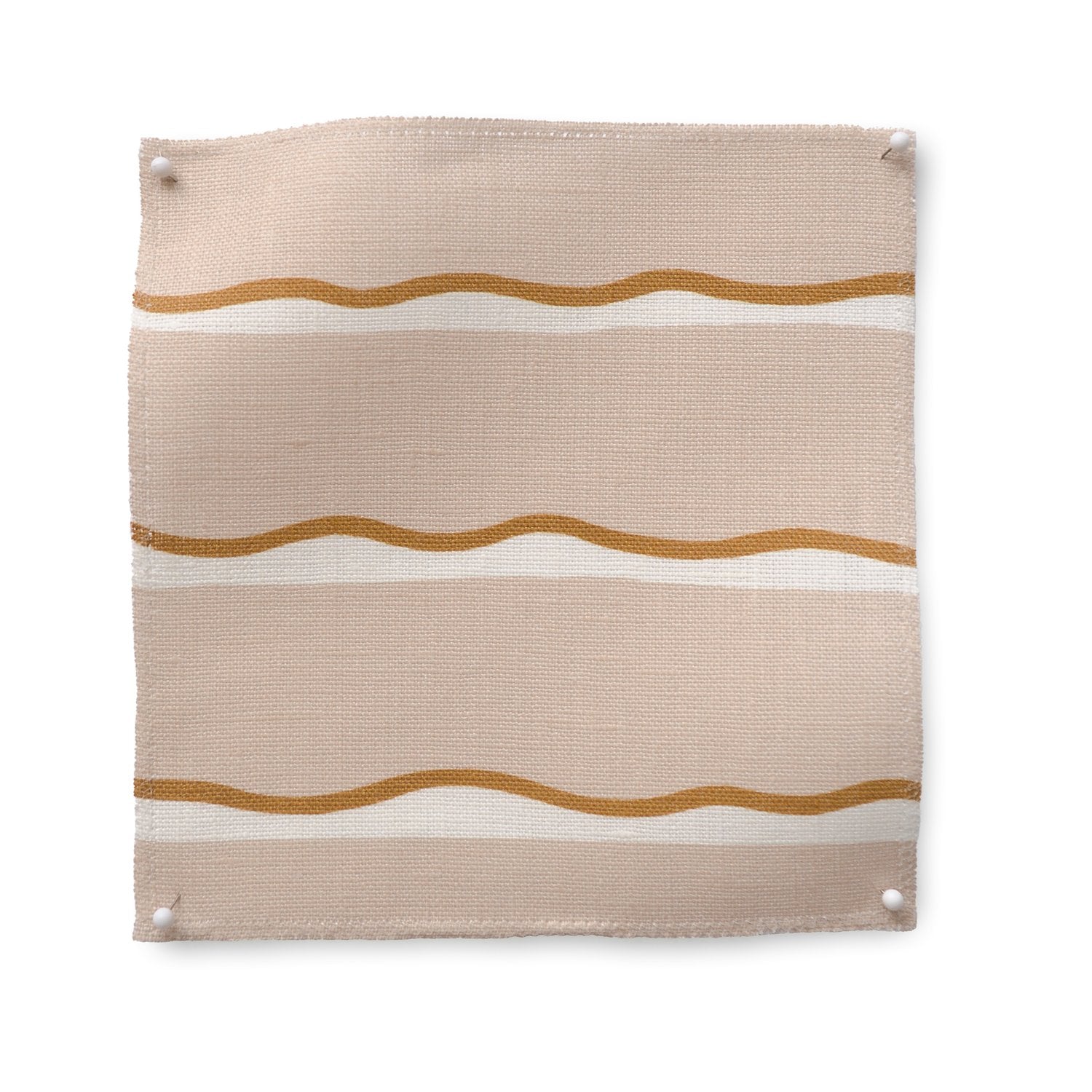 Square fabric swatch in a wide undulating stripe pattern in brown and white on a light pink field.