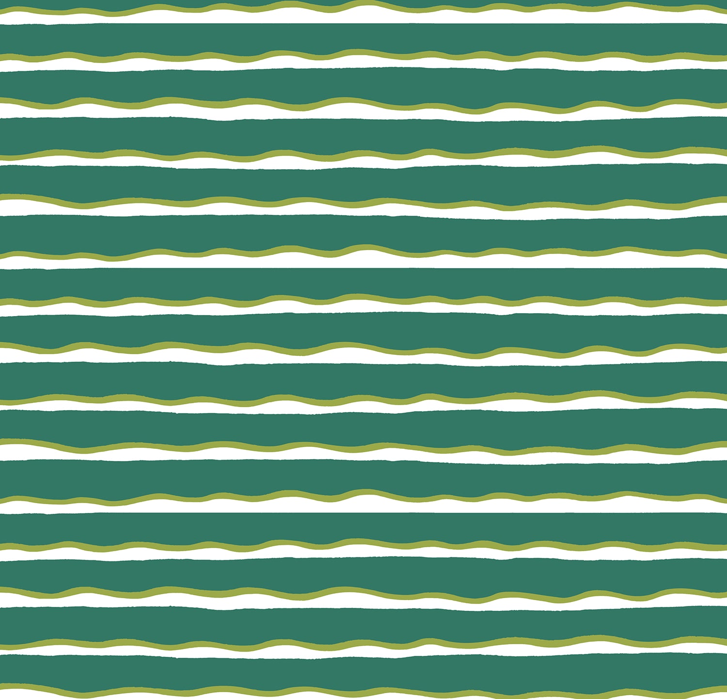 Detail of fabric in an undulating stripe pattern in sage and white on a green field.