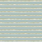 Detail of fabric in a wide undulating stripe pattern in mustard and white on a light blue field.