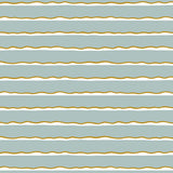 Detail of fabric in a wide undulating stripe pattern in mustard and white on a light blue field.