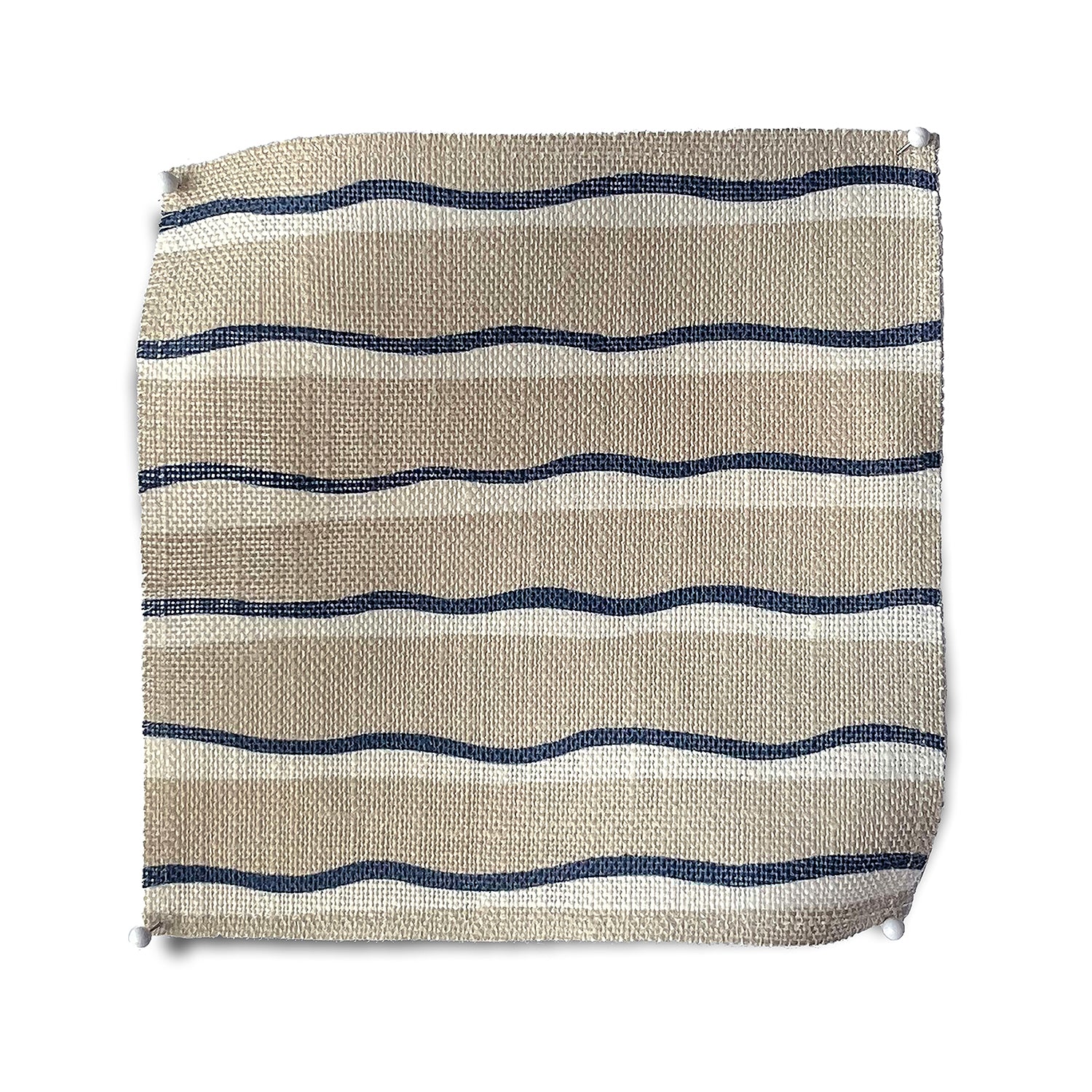 Square fabric swatch in an undulating stripe pattern in navy and white on a cream field.