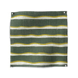 Square fabric swatch in an undulating stripe pattern in olive and white on a green field.