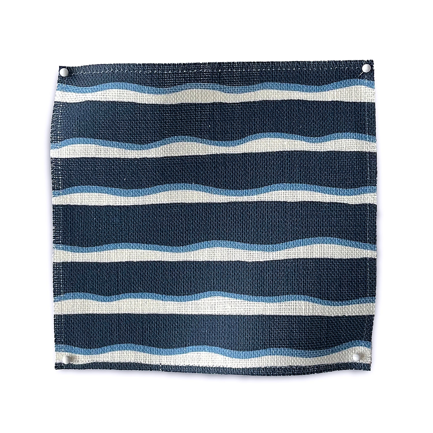Square fabric swatch in an undulating stripe pattern in blue and white on a navy field.
