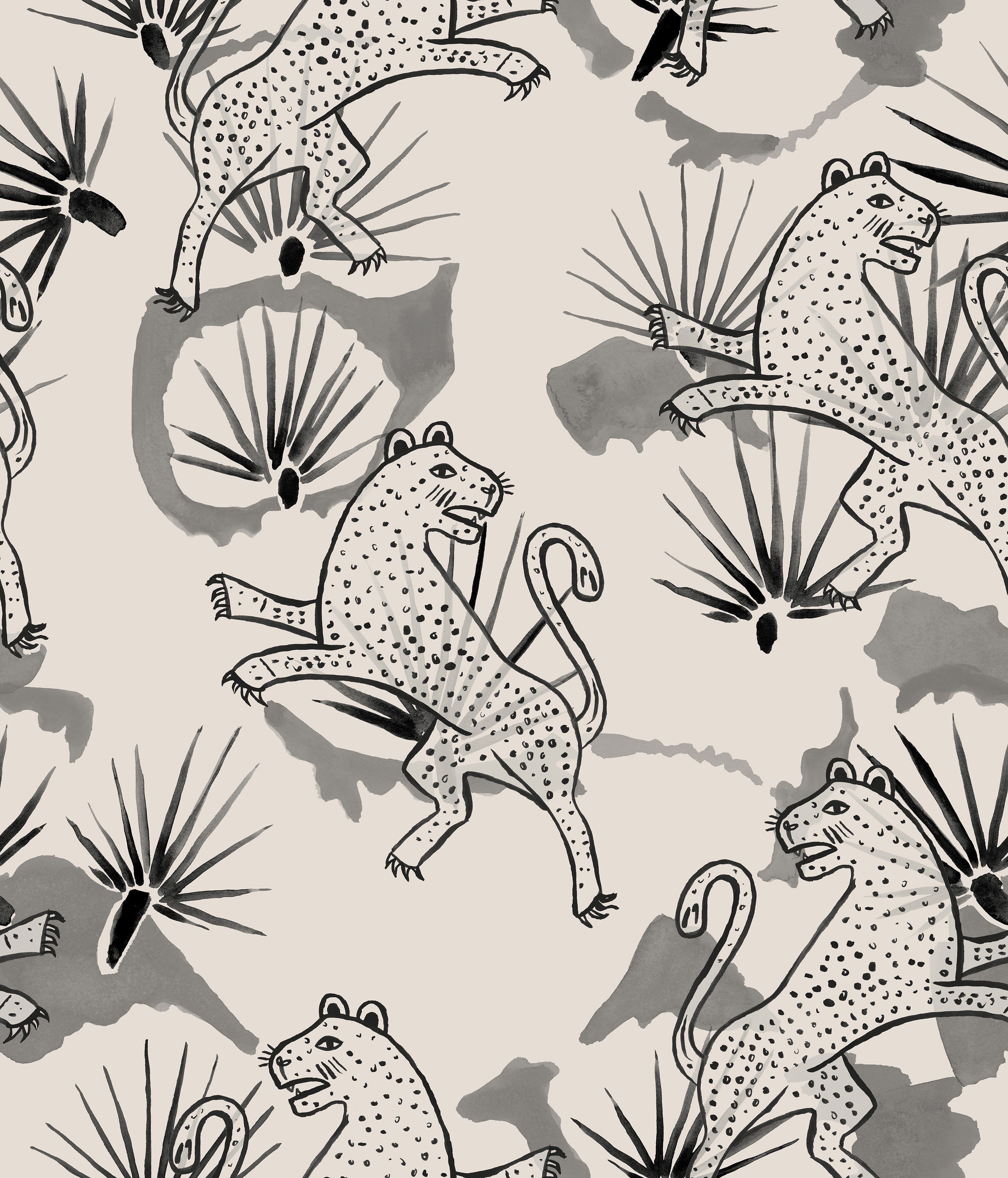 Detail of wallpaper in a painterly leopard and leaf print in gray and charcoal on a cream field.