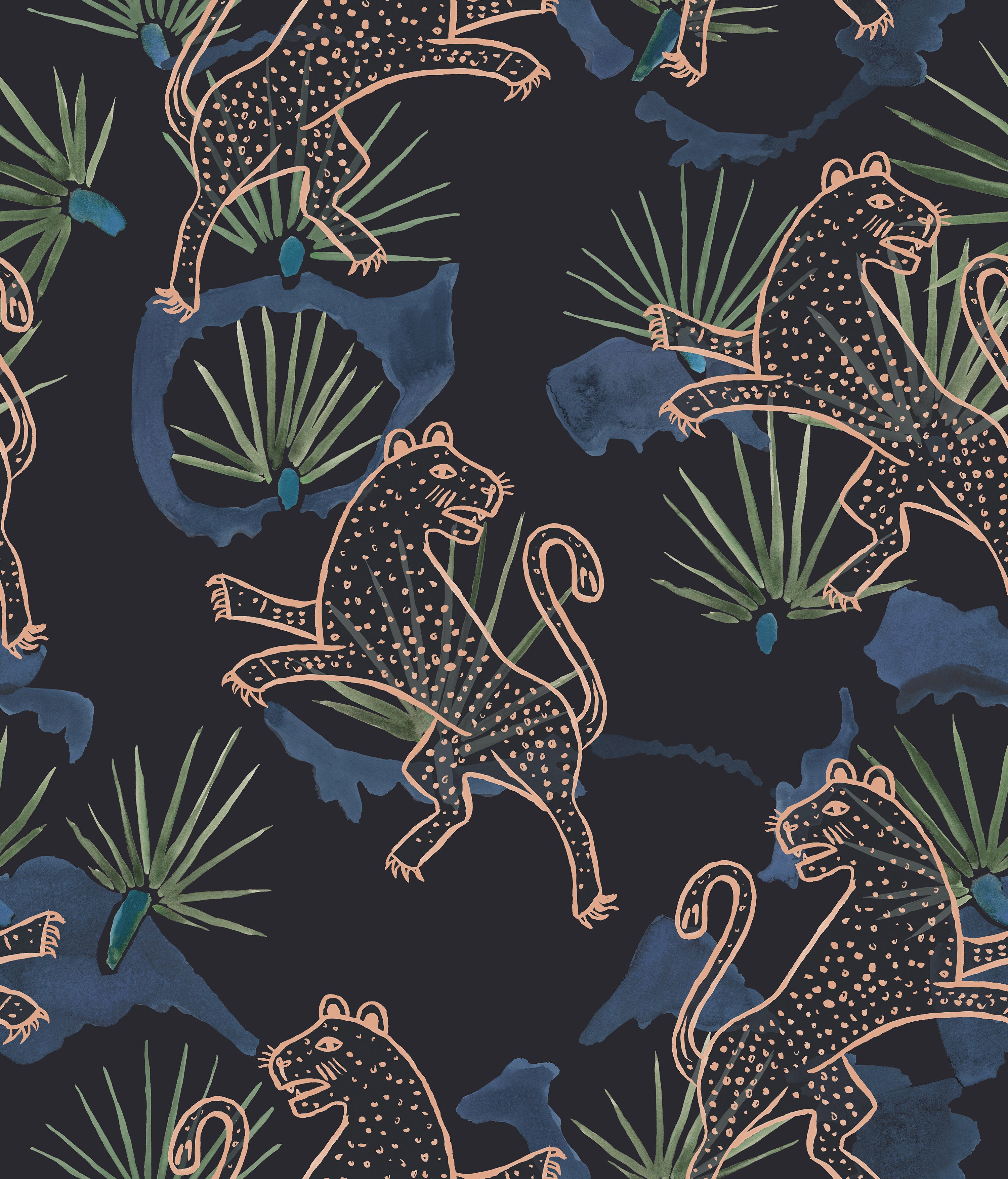 Detail of wallpaper in a painterly leopard and leaf print in pink, green and blue on a navy field.