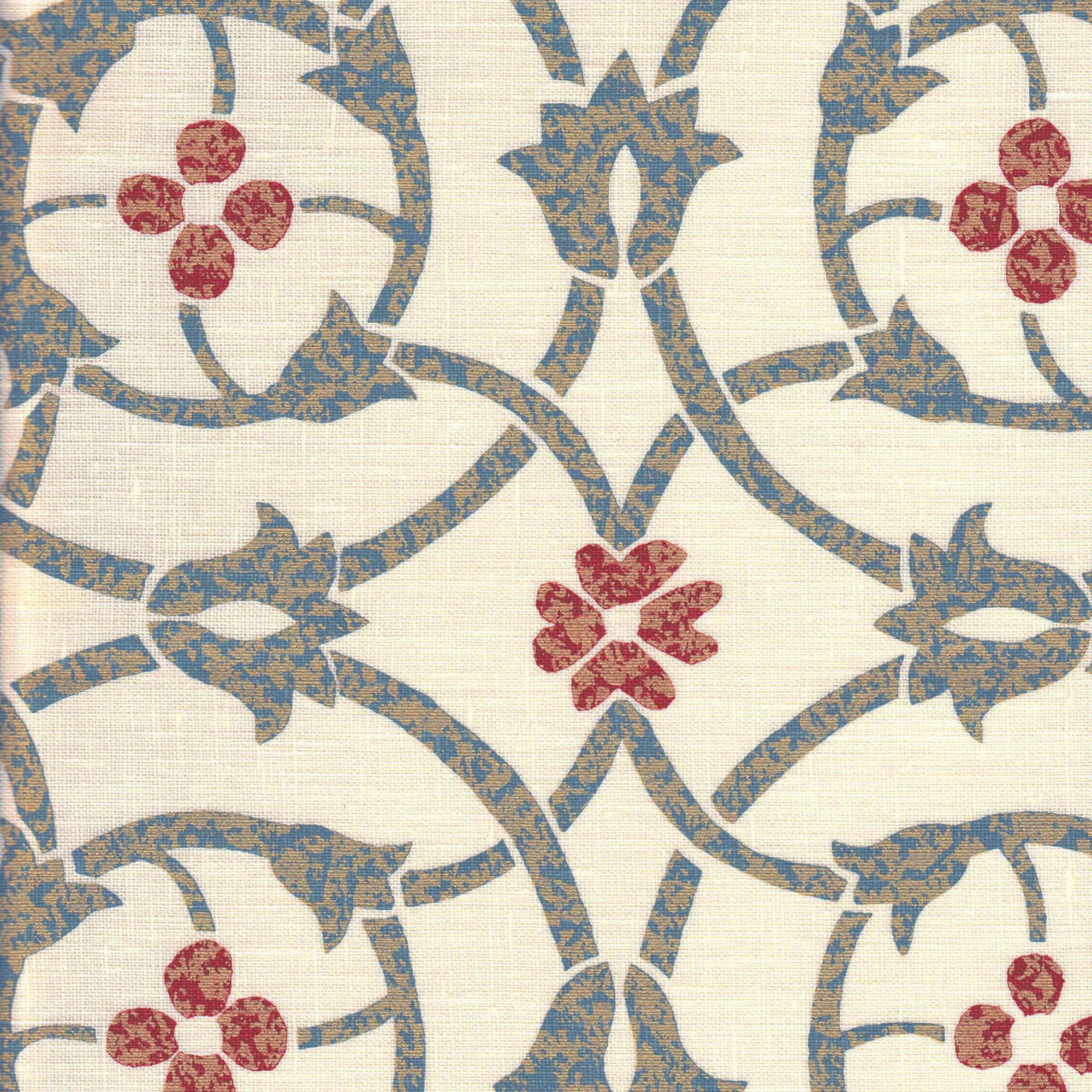 Detail of fabric in a floral lattice print in mottled blue, gray and red on a cream field.