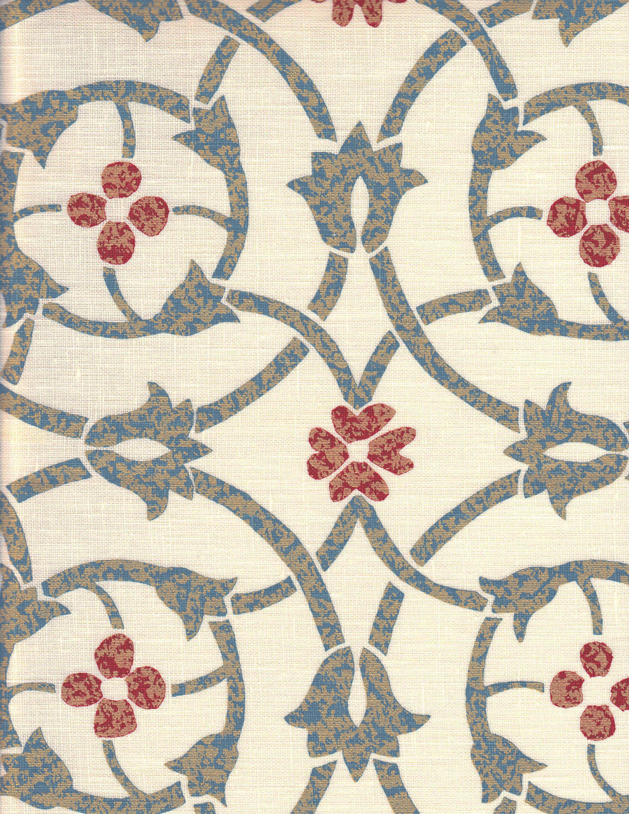 Detail of fabric in a floral lattice print in mottled blue, gray and red on a cream field.