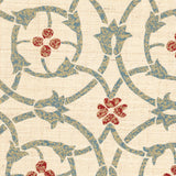 Detail of fabric in a floral lattice print in mottled blue, gray and red on a cream field.