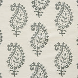 Detail of fabric in a repeating paisley print in gray on a cream field.