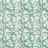 Detail of fabric in an abstract floral print in shades of turquoise on a cream field.