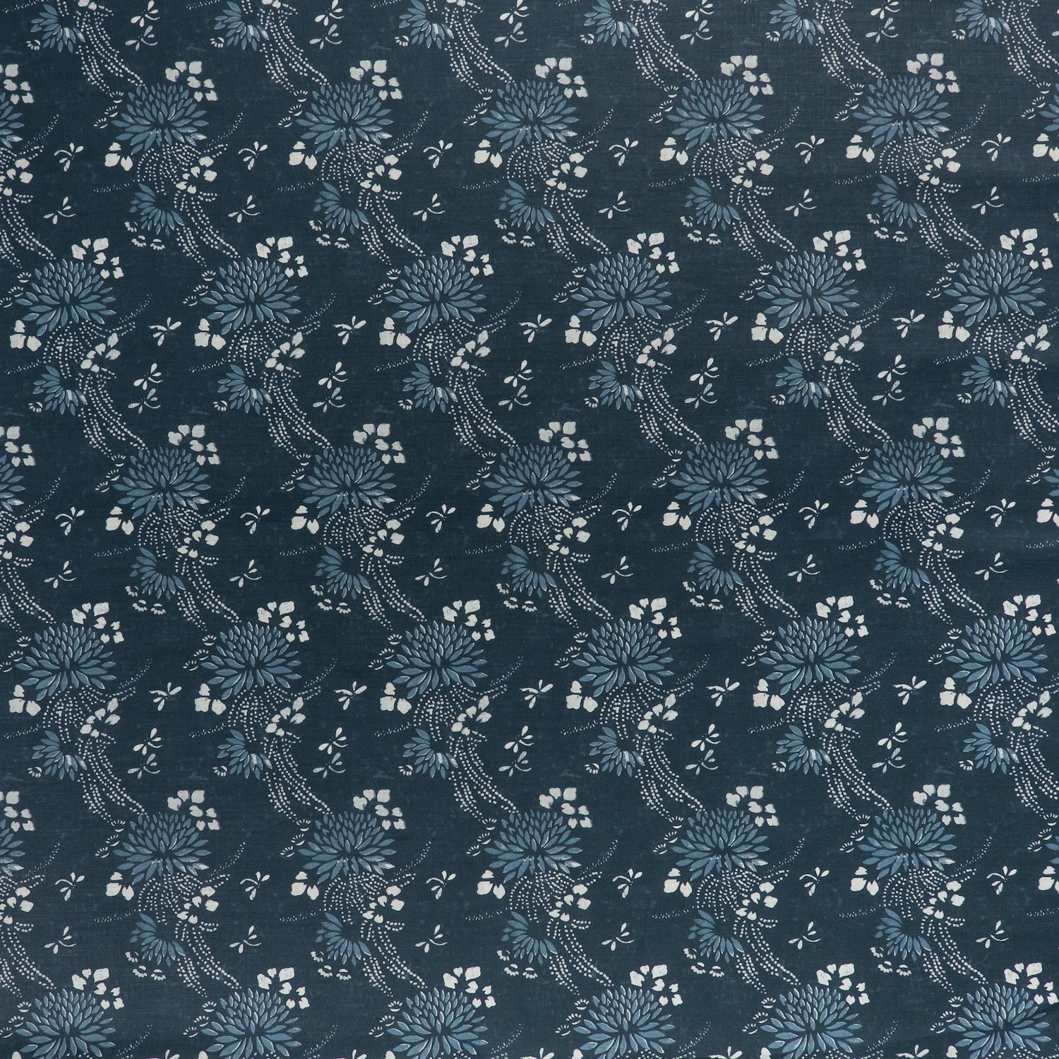 printed linen fabric in a floral and dot pattern in blue and white on a navy field.