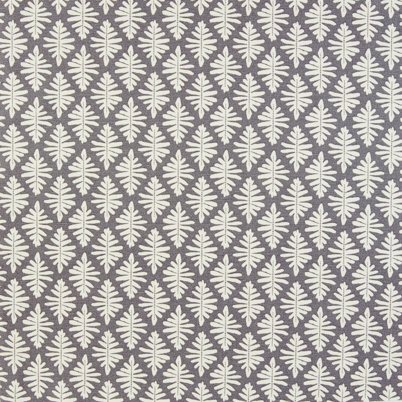 Detail of fabric in a repeating fern leaf print in white on a charcoal field.