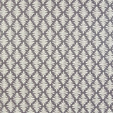 Detail of fabric in a repeating fern leaf print in white on a charcoal field.