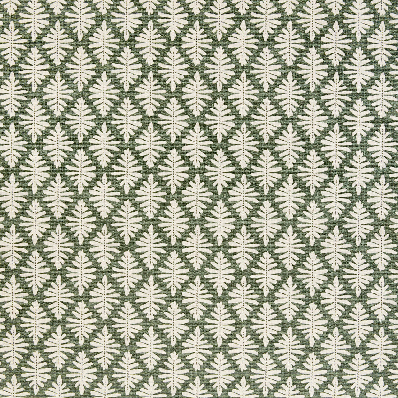 Detail of fabric in a repeating fern leaf print in white on a dark green field.