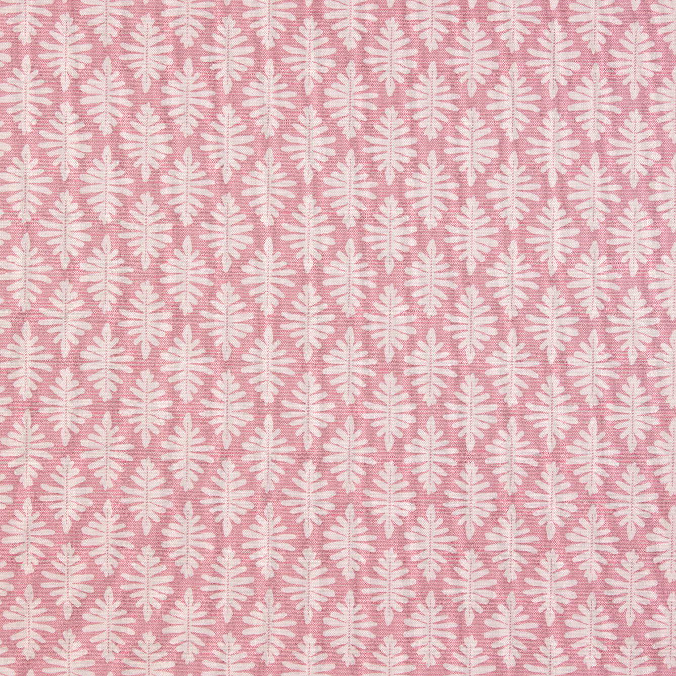 Detail of fabric in a repeating fern leaf print in white on a light pink field.