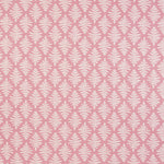 Detail of fabric in a repeating fern leaf print in white on a light pink field.