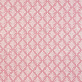 Detail of fabric in a repeating fern leaf print in white on a light pink field.