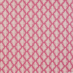 Detail of fabric in a repeating fern leaf print in white on a pink field.