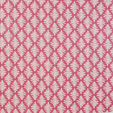 Detail of fabric in a repeating fern leaf print in white on a pink field.