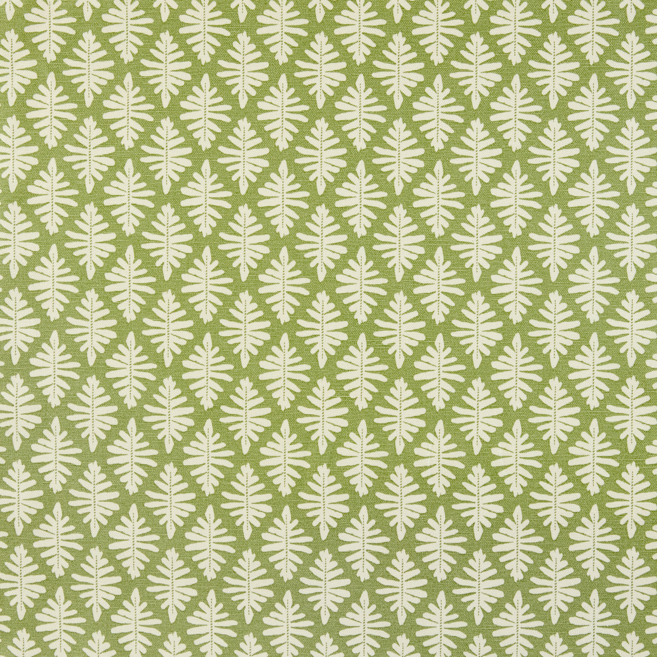 Detail of fabric in a repeating fern leaf print in white on a green field.