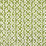 Detail of fabric in a repeating fern leaf print in white on a green field.