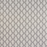 Detail of fabric in a repeating fern leaf print in white on a gray field.