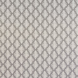 Detail of fabric in a repeating fern leaf print in white on a gray field.